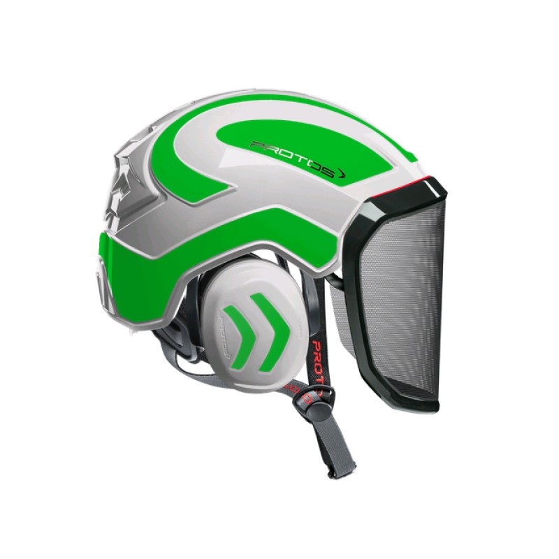 casque-protos-arboriste-forestier-avec-jugulaire-blanc-vert-fluo