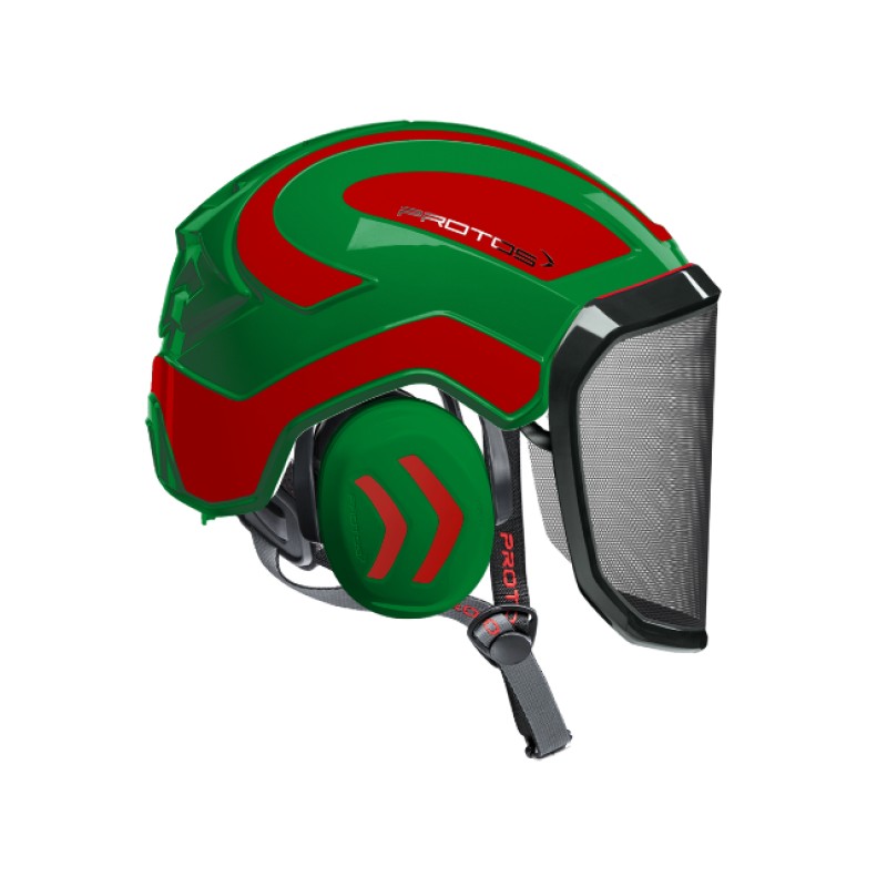 casque-protos-arboriste-forestier-avec-jugulaire-vert-rouge