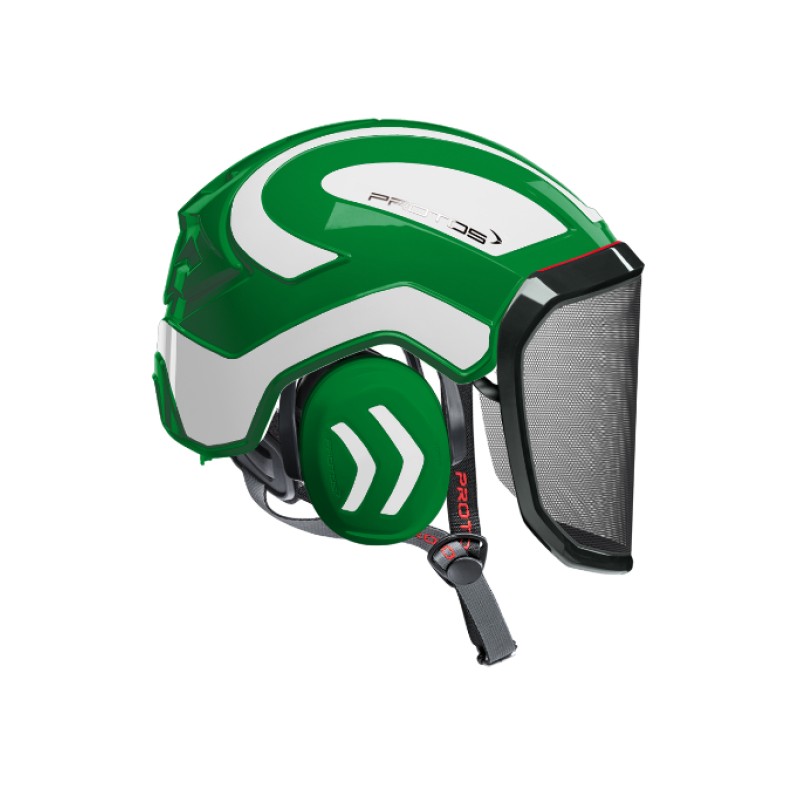 casque-protos-arboriste-forestier-avec-jugulaire-vert-blanc