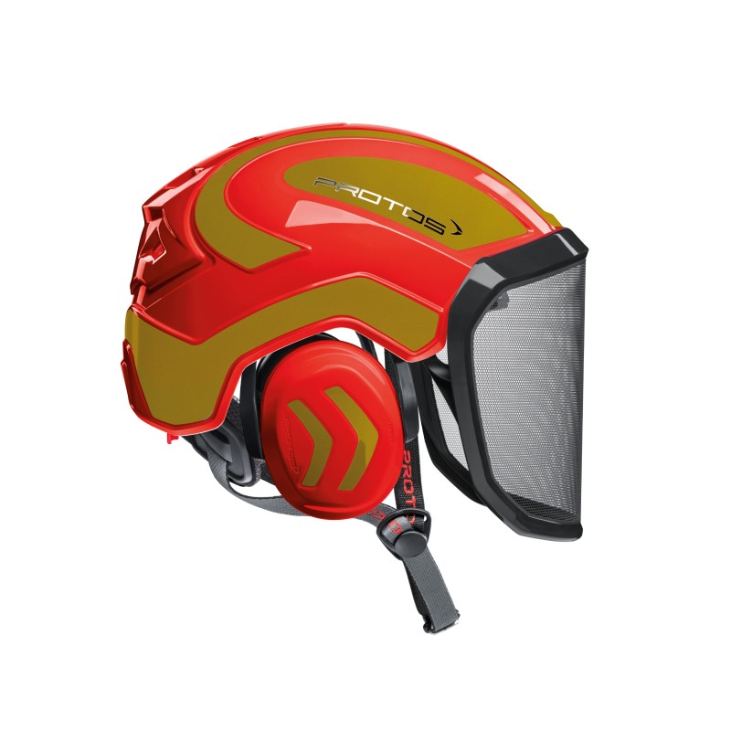 casque-protos-arboriste-forestier-avec-jugulaire-rouge-or
