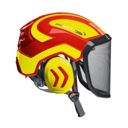 casque-protos-arboriste-forestier-avec-jugulaire-rouge-jaune-fluo