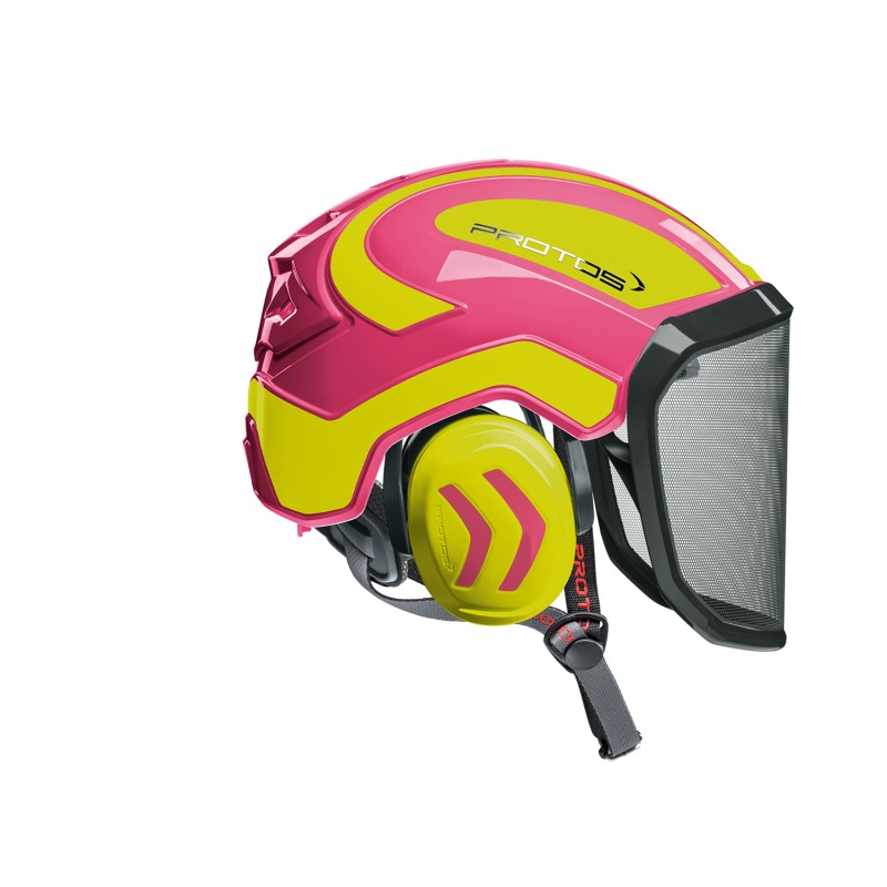 casque-protos-arboriste-forestier-avec-jugulaire-rose-jaune-neon