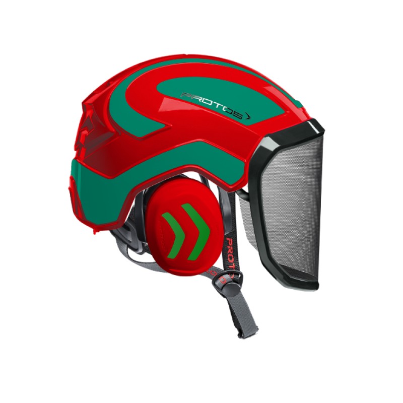 casque-protos-arboriste-forestier-avec-jugulaire-rouge-vert