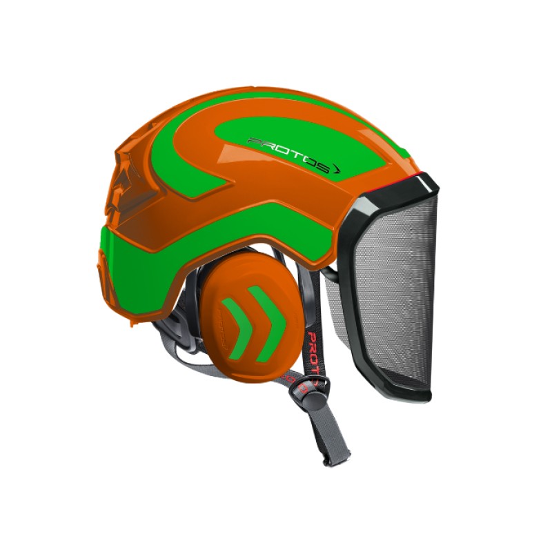 casque-protos-arboriste-forestier-avec-jugulaire-orange-vert-fluo