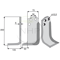 Couteau de fraise gauche AGRIA 6039 pour fraise arriere, longueur : 205mm