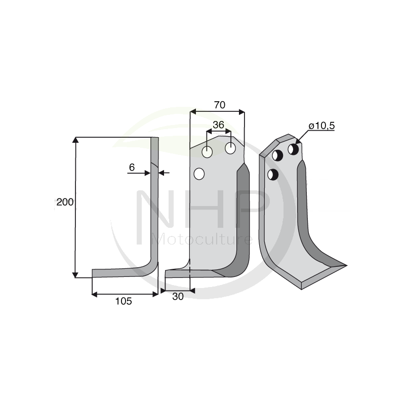 Couteau de fraise gauche AGRIA 6039 pour fraise arriere, longueur : 205mm