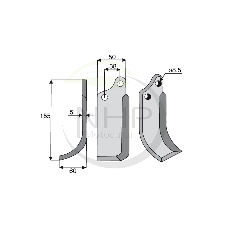 Couteau de fraise gauche AGRIA 71953 pour fraise arriere type 1767, longueur : 155mm