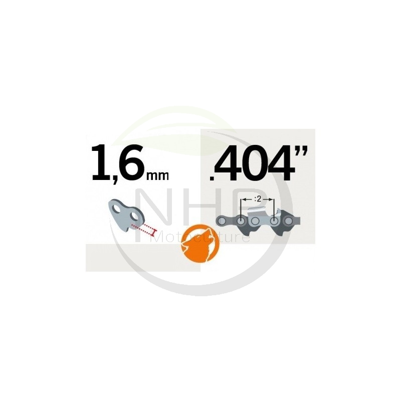 Chaîne tronçonneuse prédécoupée, semi-chisel, pas .404", jauge .063, 1.60 mm, 100 maillons, 100 entraineurs