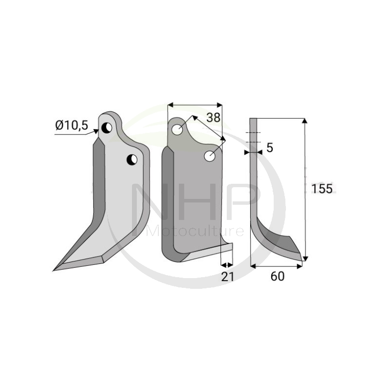 Couteau de fraise gauche AGRIA pour fraise arriere type 1767 12868, longueur : 155mm, 10.5 mm
