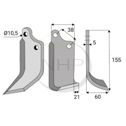 Couteau de fraise gauche AGRIA pour fraise arriere type 1767 12868, longueur : 155mm, 10.5 mm