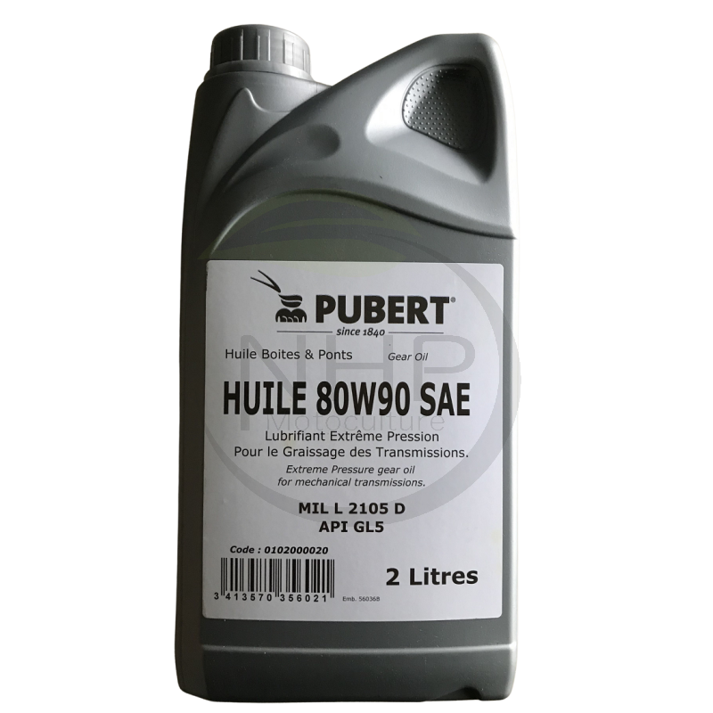 Bidon huile de transmission boites et ponts 2 litres PUBERT 0102000020, SAE 80W90, APIGL5, MIL-L-2105-D