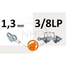 Guide chaine tronçonneuse GARDEN E16, E17, GD36, GD39, GD160, GD170, 40cm, pas 3/8LP, jauge 1.3 mm, 0.50, 55 maillons, 55 entrai